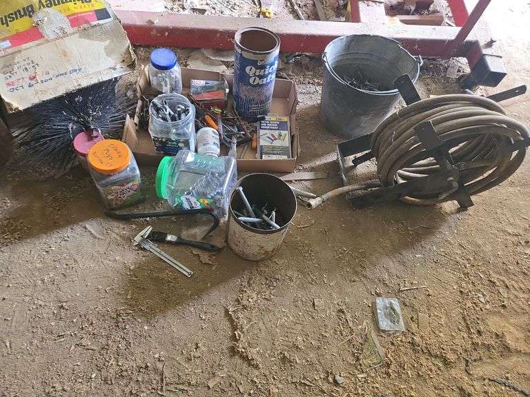 Air hose reel, sockets, wrenches, misc hardware
