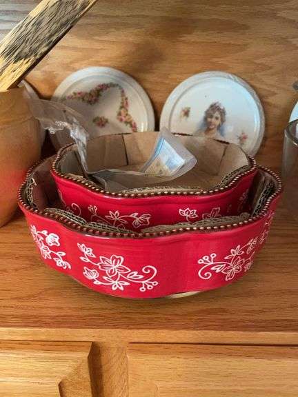 Shelf of glassware - plates, bowls, and more