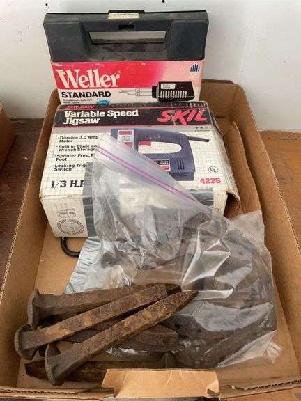 Weller soldering gun kit, skilsaw variable speed jigsaw, horseshoes & railroad spikes