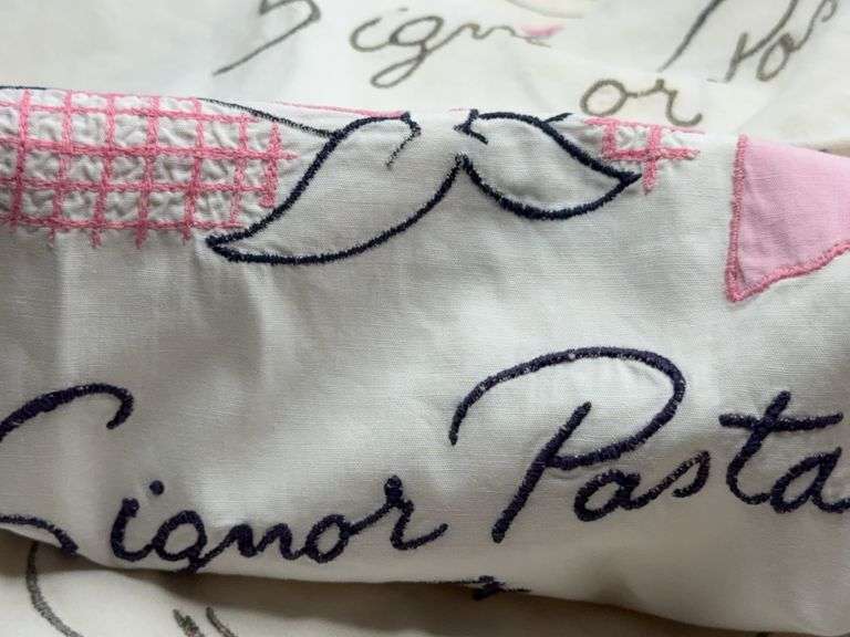 Set of 6 Vintage Handmade Embroidered Pasta Bibs with Ties (Signor Pasta)
