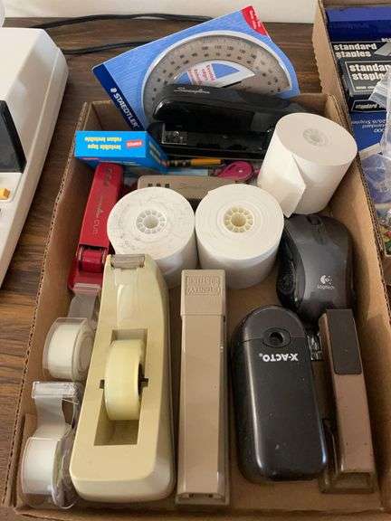Adding machine and (2) flats of office supplies