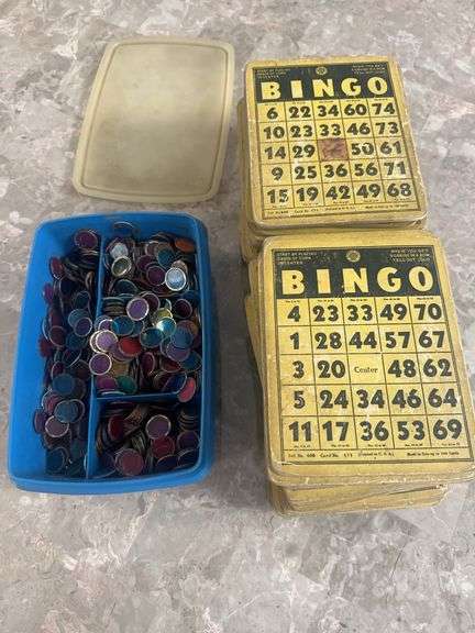 Vintage Bingo Cards with Colored Chips