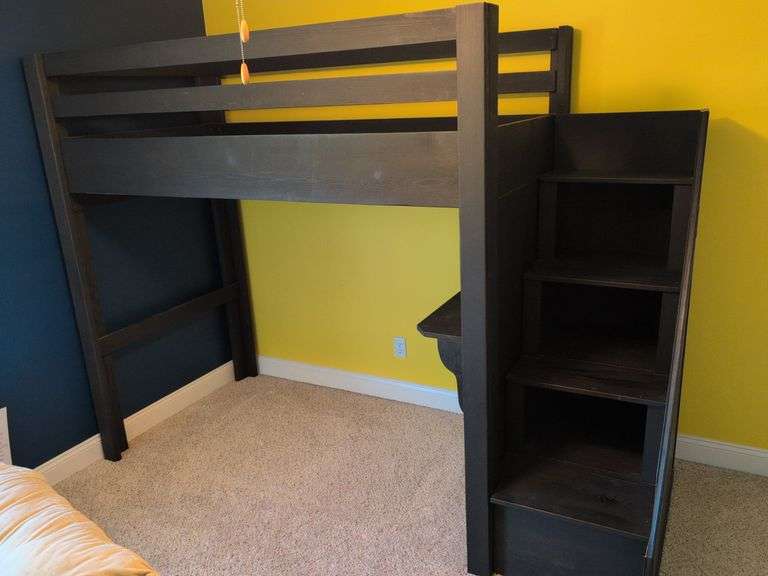 Homemade black wooden loft for twin bed - with storage steps - will be disassembled for pickup