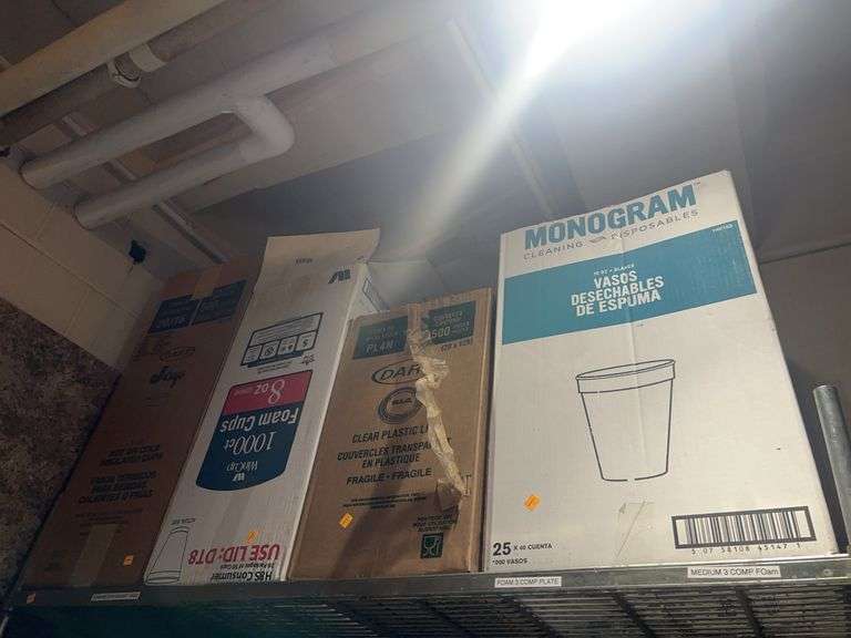 Contents of Shelf- Foam Cups, Plastic Cup Lids, Etc.