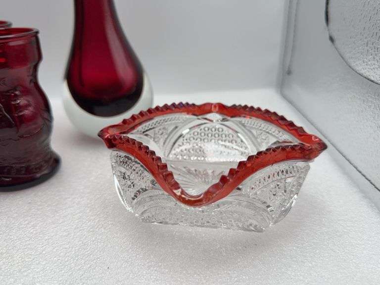 Wheaton Ship Glasses, Smith Swing Glass Vase & Pressed Glass Dish
