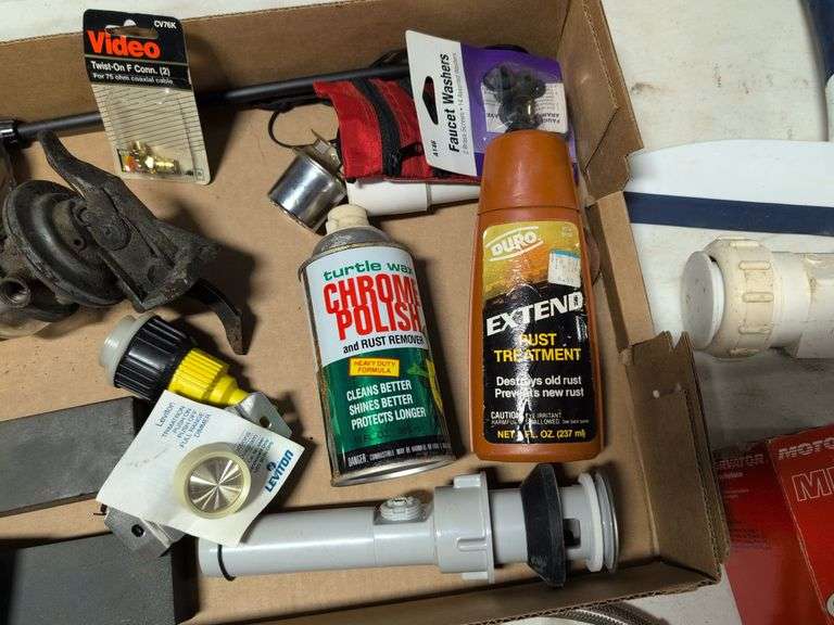 12" water tubes, electrical tape, pipe fittings, sharpening blocks, and more