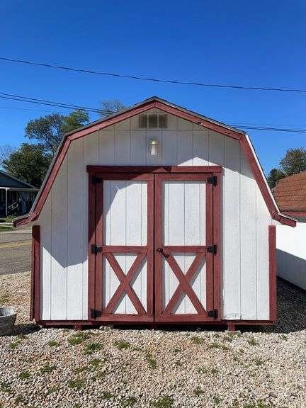 10x12 white and red storage barn - contents not included