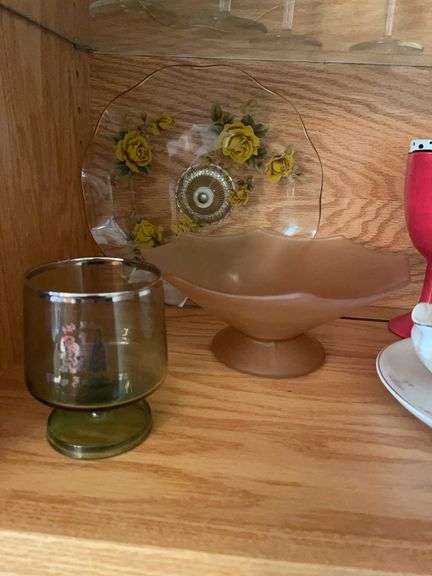 (2) shelves of glassware - stem, drinking cups, and more