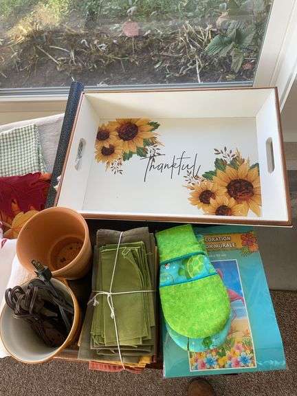 Seasonal decor including thankful tray, dish towels, seashells, planters & more