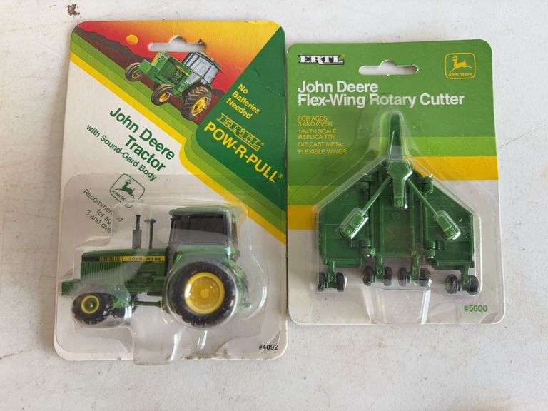 (3) John Deere model tractors, (1) rotary cutter, and (2) implements - 1/64 scale