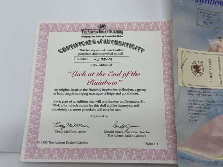 Ashton Drake Galleries Doll (Luck At the End of the Rainbow) With COA