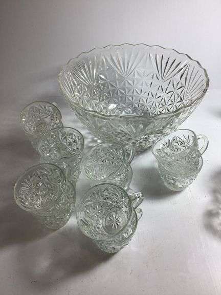 Crystal Punch Bowl w/ 23 cups & glass basket