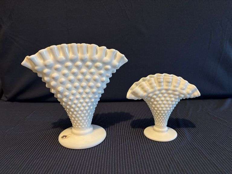 6" and 41/2" Fenton Hobnail milk glass Fan Vases