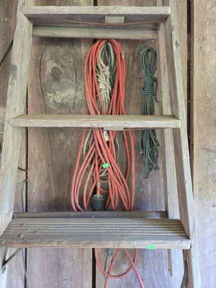 Wooden stepladder, extension cords