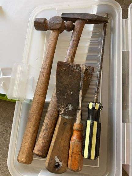 Tote w/ small indoor extension cords & tote w/ tools including screwdrivers & more