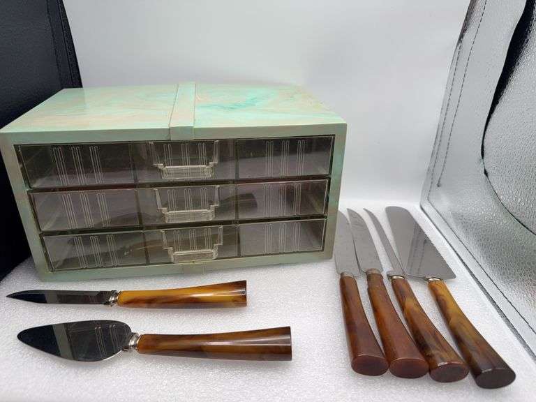 Bakelite Utensils & Vintage Marbled Storage Container