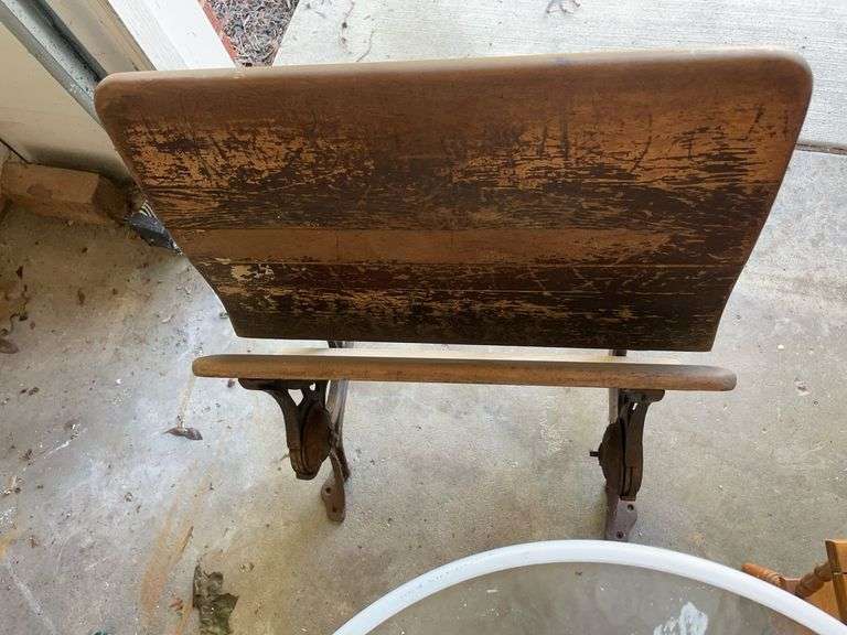 (2) patio tables, magazine rack & school bench