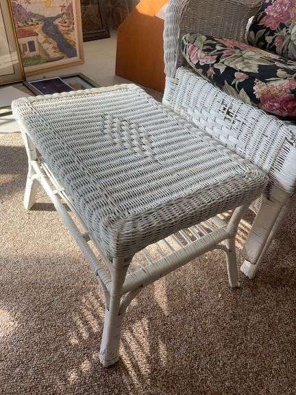 wicker loveseat, (2) patio chairs w/ matching stand