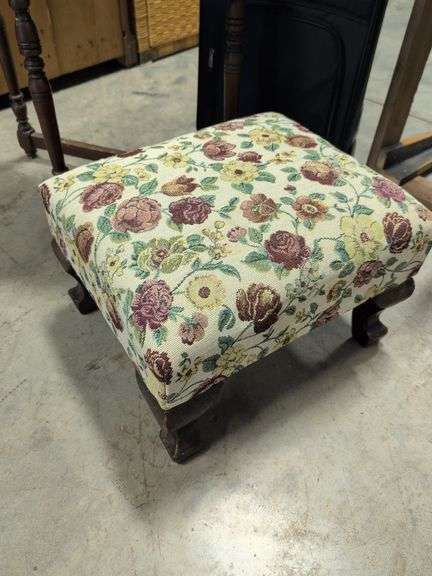 (2) end tables, upholstered stool, suitcase, and unfinished coffee table