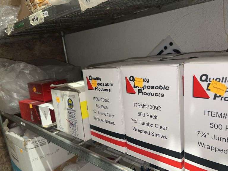 Contents of Shelf- Straws, Plastic Silverware, Plastic TakeOut Boxes