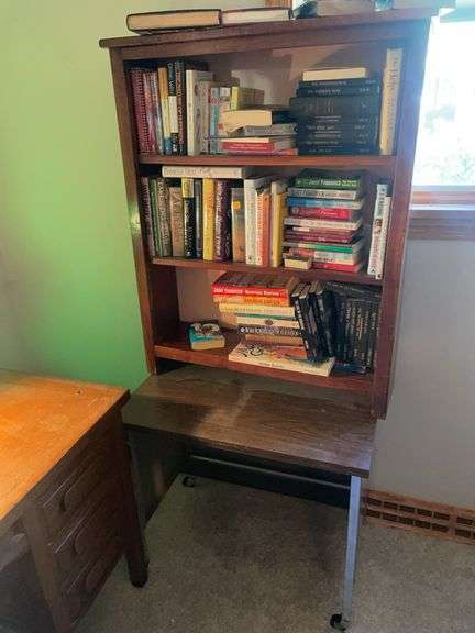 Small bookcase and desk on wheels - contents not included