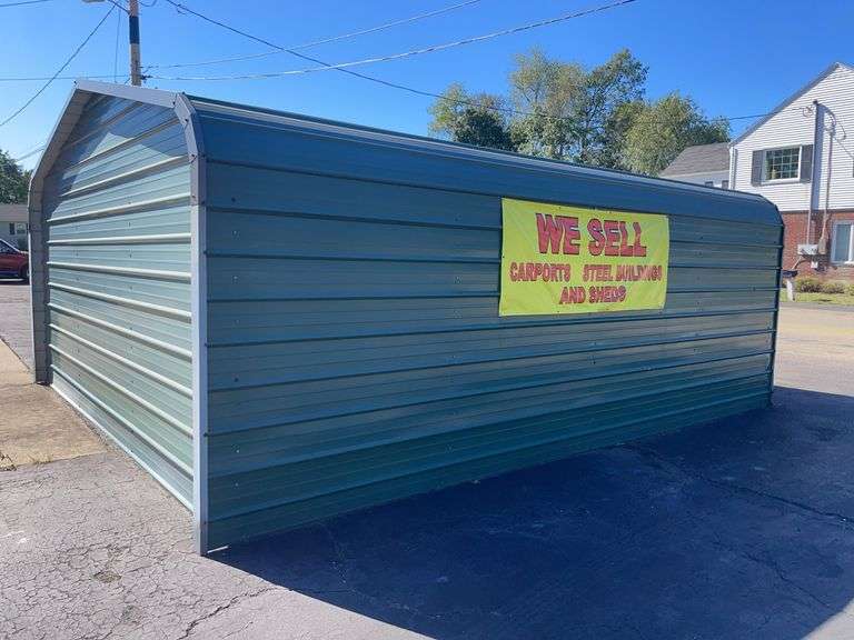 20x21 ft. Green metal Garage - w/ man door & garage door