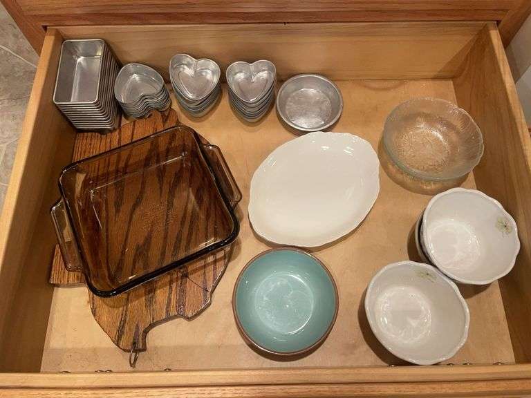 Anchor ovenware casserole dish, pig cutting board, tin molds & other dishes