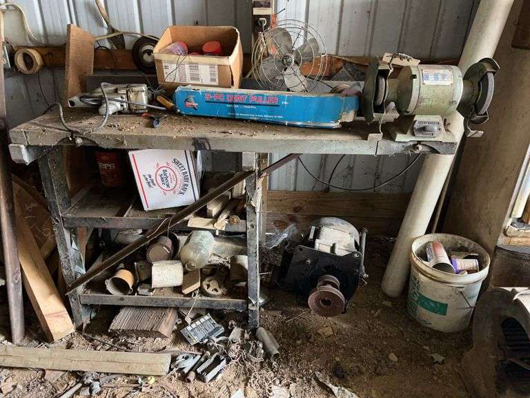 Cummins Mack bench grinder w/ bench & contents