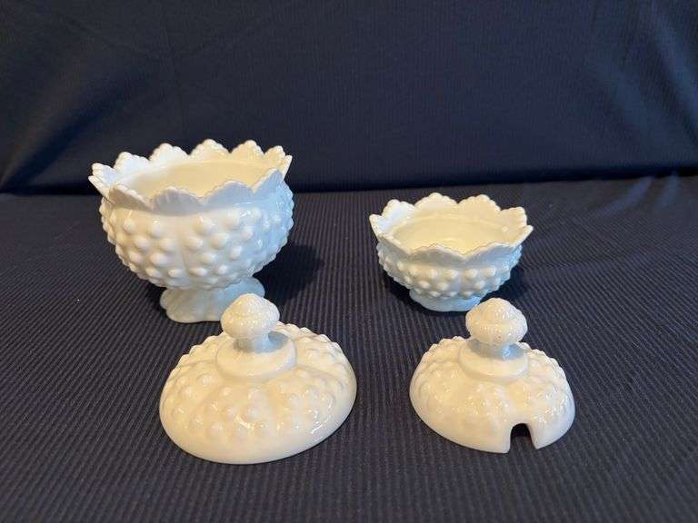 Fenton Hobnail milk glass Candy Dish & Mustard Dish (missing spoon)