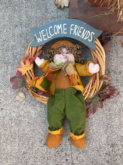 Large lot of fall decor including pumpkin, welcome friends wreath & large figurines