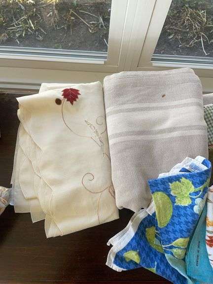 Seasonal decor including thankful tray, dish towels, seashells, planters & more