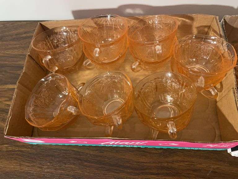 Pink depression glass mugs and sugar/cream containers