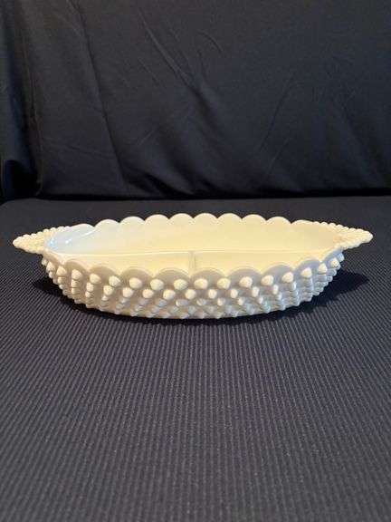 12 “ Fenton milk glass hobnail divided relish dish