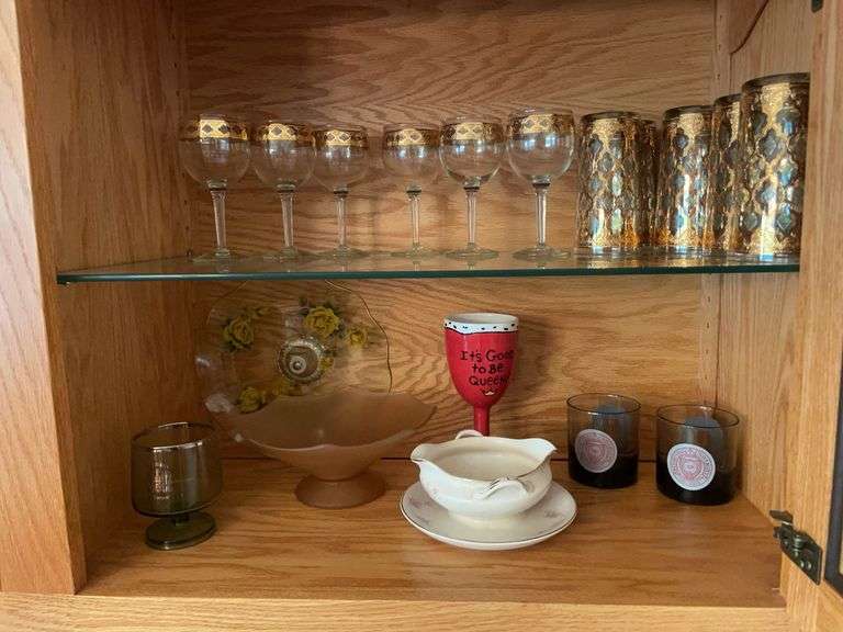 (2) shelves of glassware - stem, drinking cups, and more