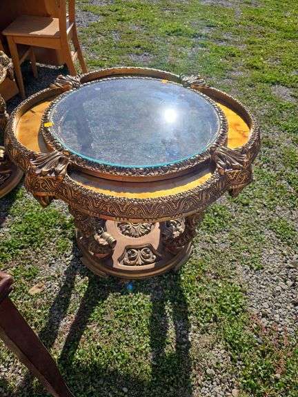 HOLLYWOOD REGENCY GLASS TOP GILT AND FAUX COFFEE OR END TABLE 22" TALL X 28" WIDE