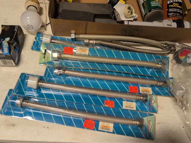 12" water tubes, electrical tape, pipe fittings, sharpening blocks, and more