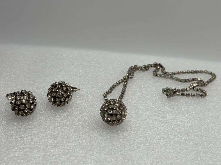 Vintage Rhinestone Disco Ball Earrings & Matching Necklace