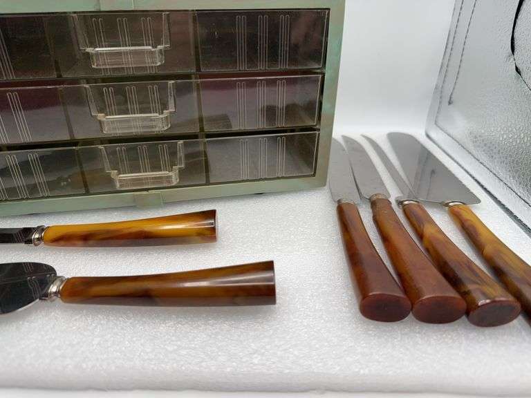 Bakelite Utensils & Vintage Marbled Storage Container