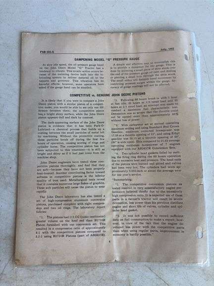 John Deere No. 7 Power Mower manual, 1952 field service bulletin, and other John Deere manual