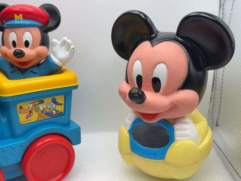 Vintage Disney Mickey Mouse Pull String Train Toy With Popping Balls & Mickey Mouse Roly Poly