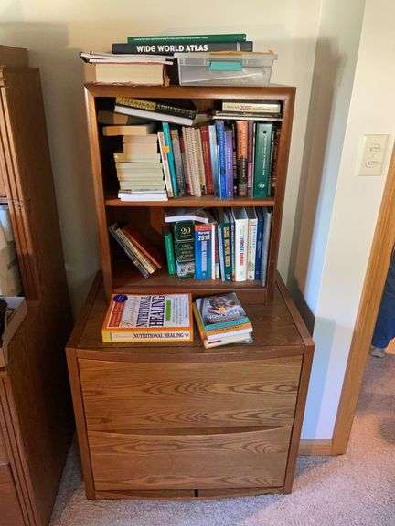 Bookcase and wooden stand - contents of drawers included, books not included
