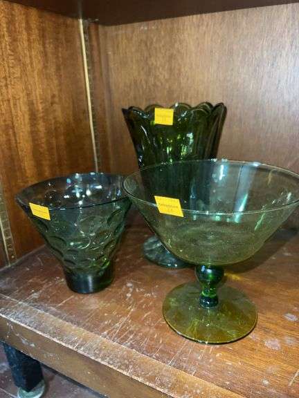 Green Glass Compote, and (2) Vases