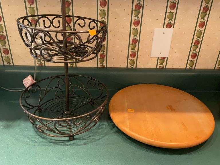 Wooden Lazy Susan, Metal 2 Tiered Fruit Basket