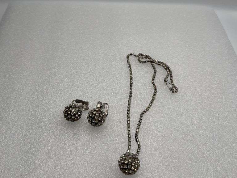 Vintage Rhinestone Disco Ball Earrings & Matching Necklace