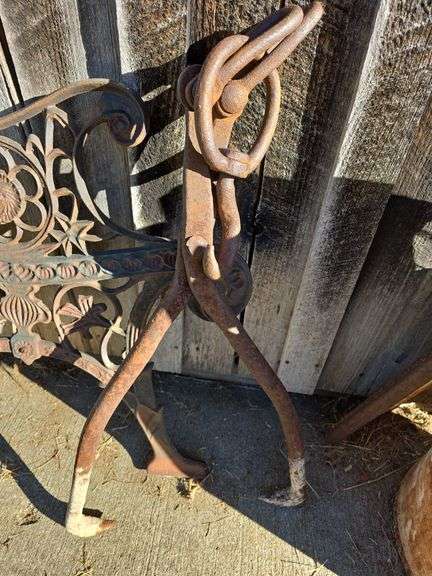 Milk can, cast bench, end tongs