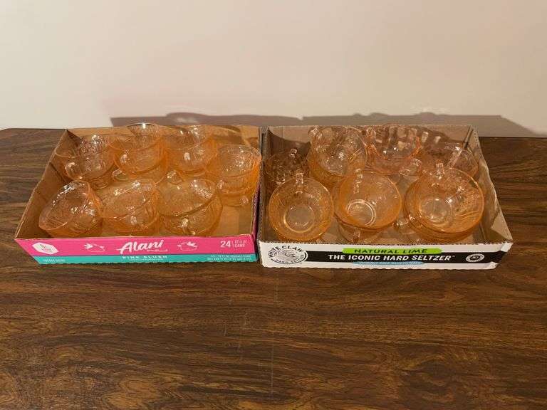 Pink depression glass mugs and sugar/cream containers