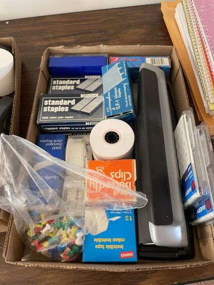Adding machine and (2) flats of office supplies