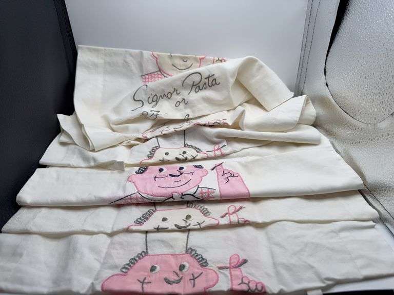 Set of 6 Vintage Handmade Embroidered Pasta Bibs with Ties (Signor Pasta)