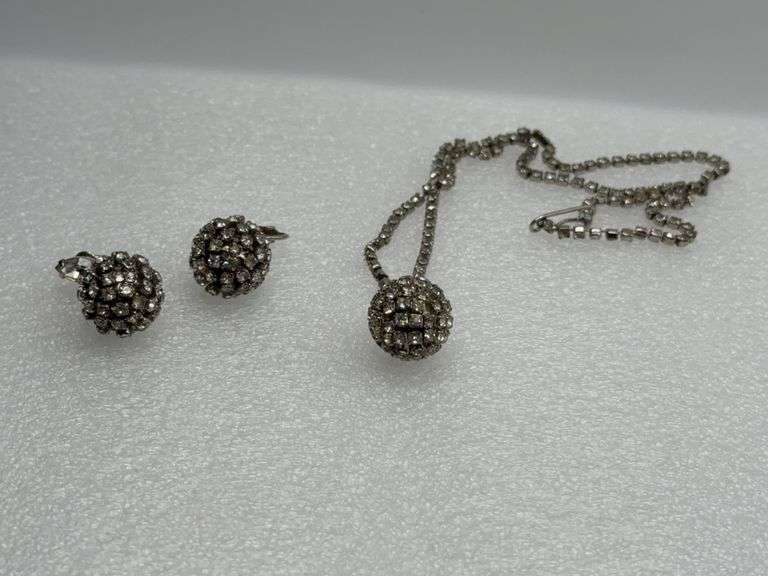 Vintage Rhinestone Disco Ball Earrings & Matching Necklace