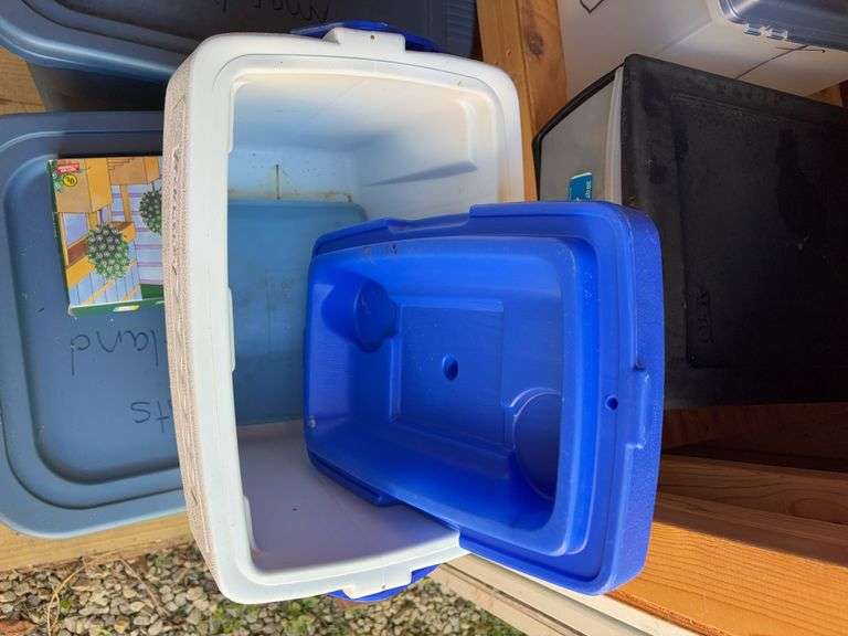 Igloo & Coleman coolers & (2) plastic storage totes